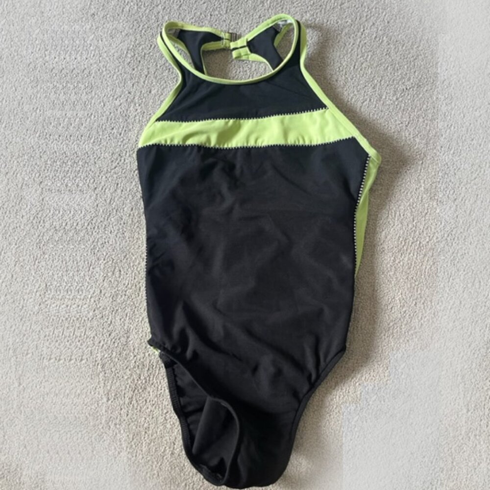 Beautiful hi neck black with lime piping Miraclesuit  size 10